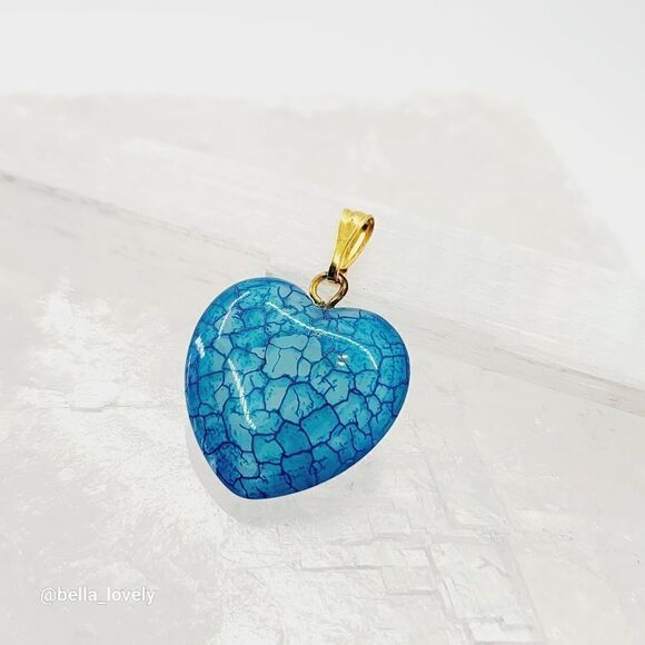 Blue Dragon Veins Agate Heart Handmade Pendant Gold Toned Bail 1.11" - Picture 2 of 3